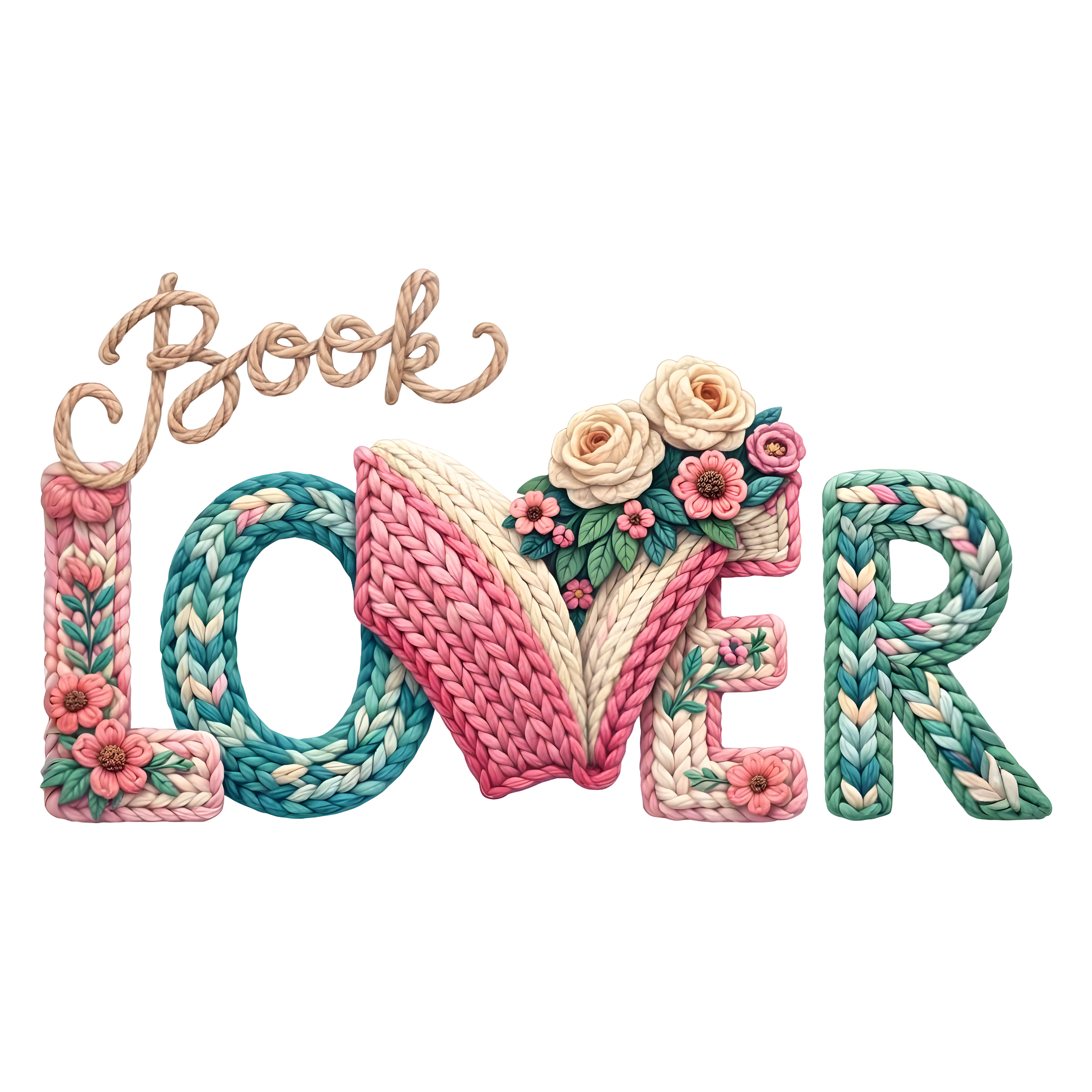 Book Lover Cute Floral Knit Typography Illustration – Funny Ready to Press DTF Transfer