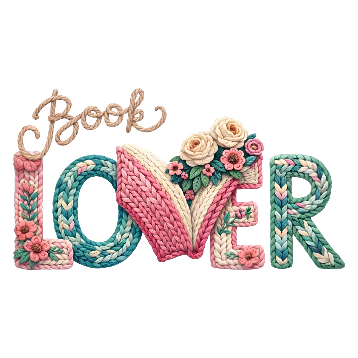 Book Lover Cute Floral Knit Typography Illustration – Funny Ready to Press DTF Transfer