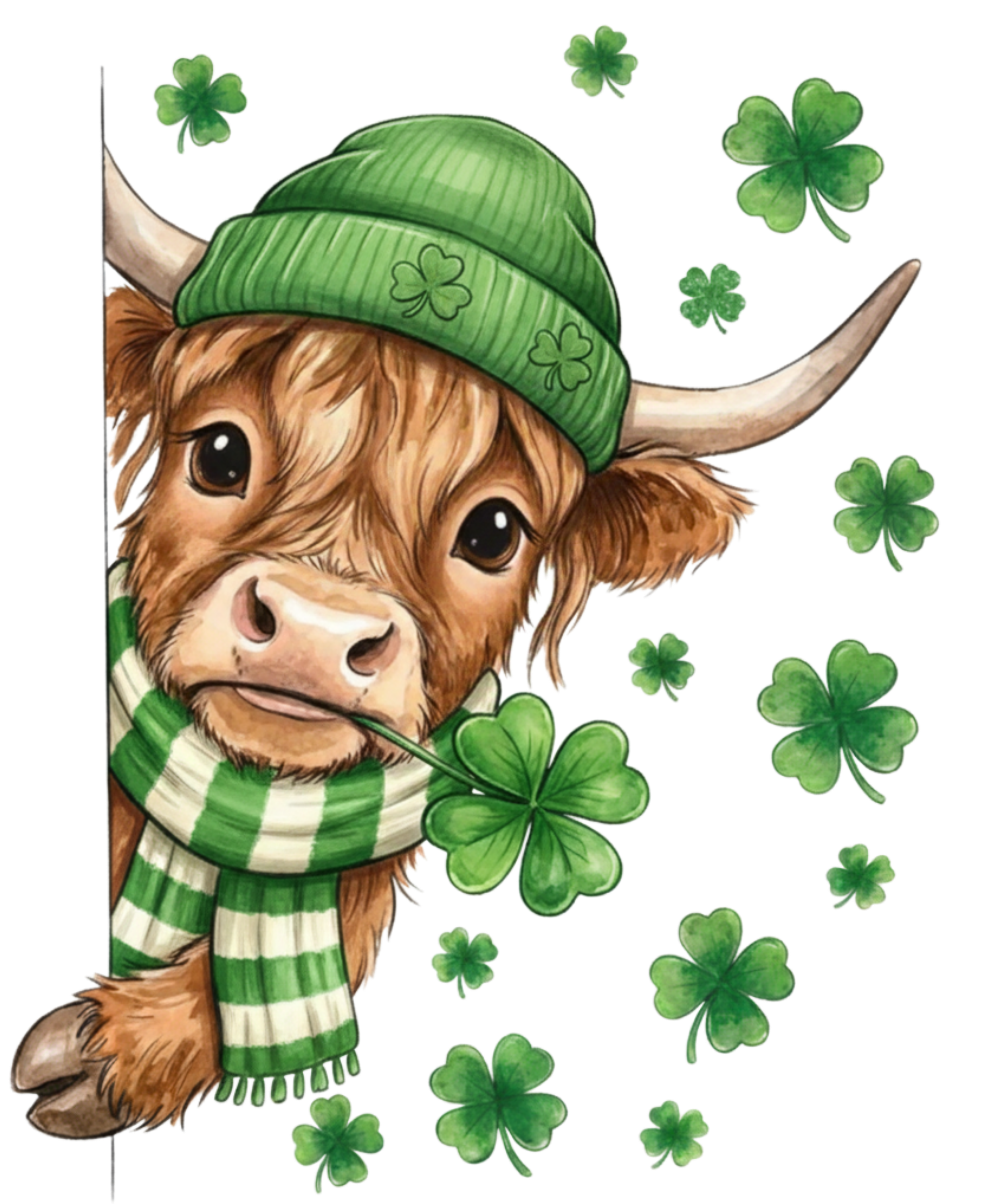 Lucky Highland Cow Shamrock Peek – St. Patrick’s Day Ready to Press DTF Transfer