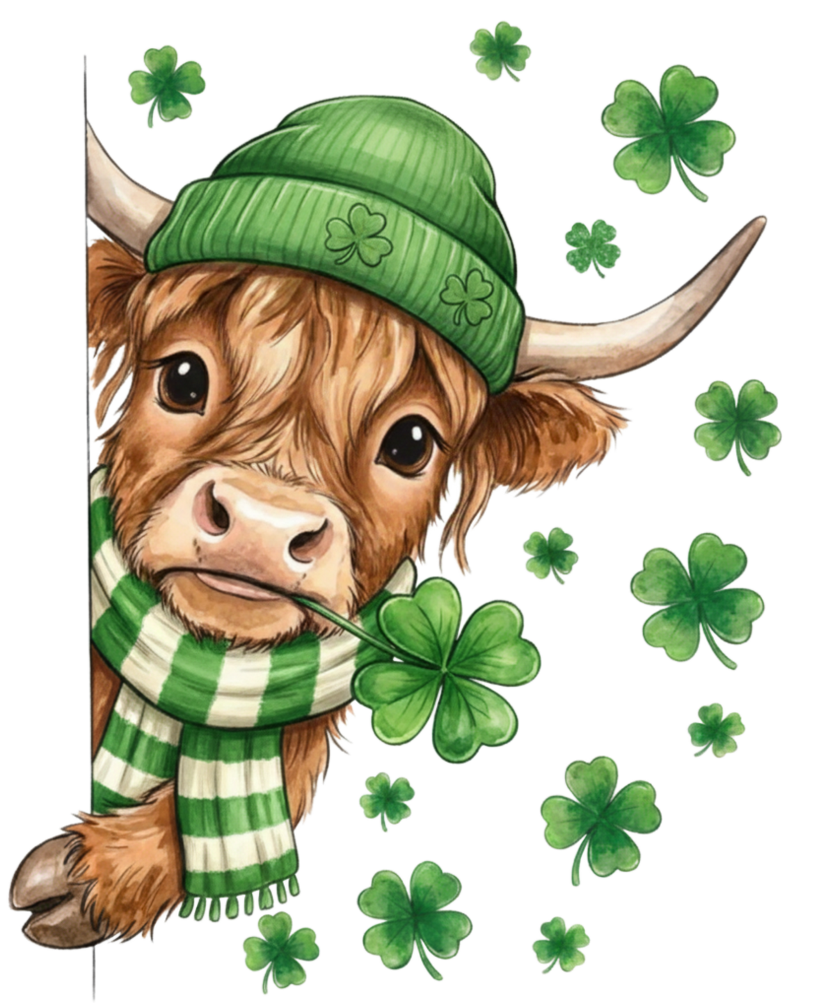 Lucky Highland Cow Shamrock Peek – St. Patrick’s Day Ready to Press DTF Transfer