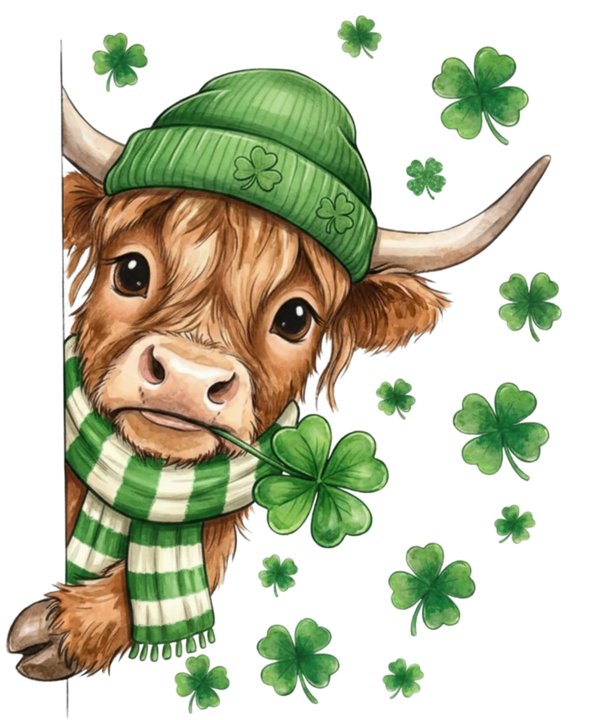 Lucky Highland Cow Shamrock Peek – St. Patrick’s Day Ready to Press DTF Transfer