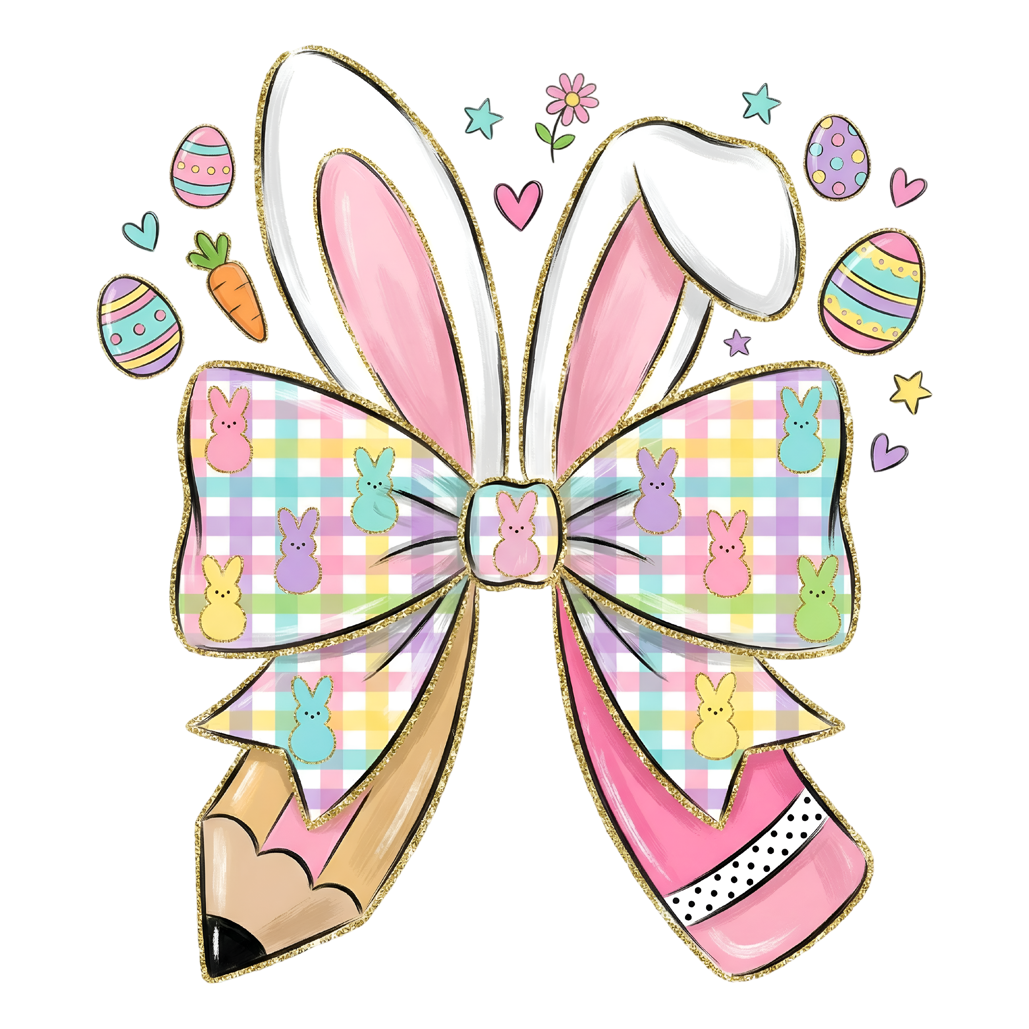 Easter Bunny Pencil Bow with Pastel Peeps – Easter Ready to Press DTF Transfer