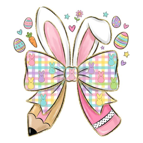 Easter Bunny Pencil Bow with Pastel Peeps – Easter Ready to Press DTF Transfer