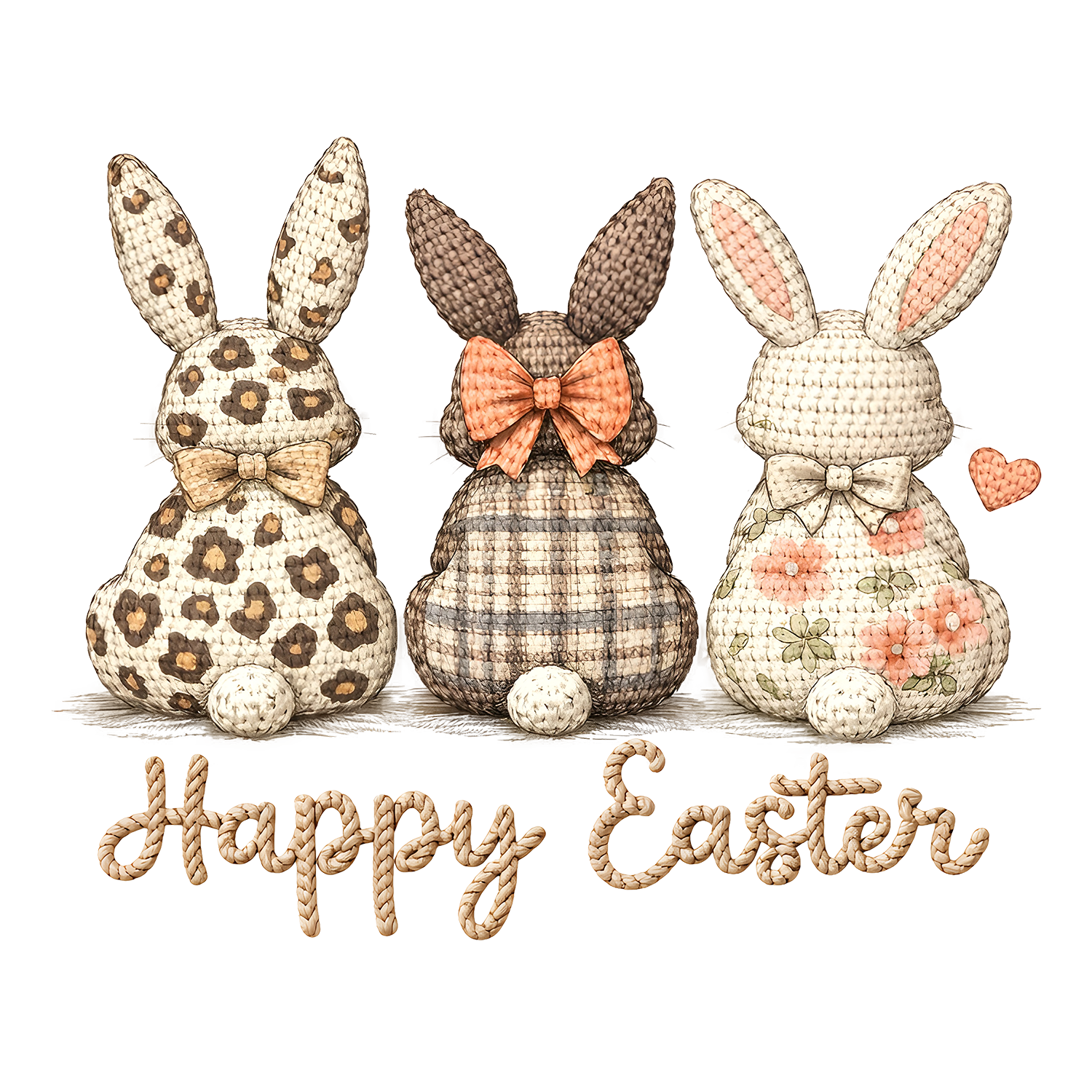 Crochet Bunny Trio with Bows Happy Easter – Easter Ready to Press DTF Transfer