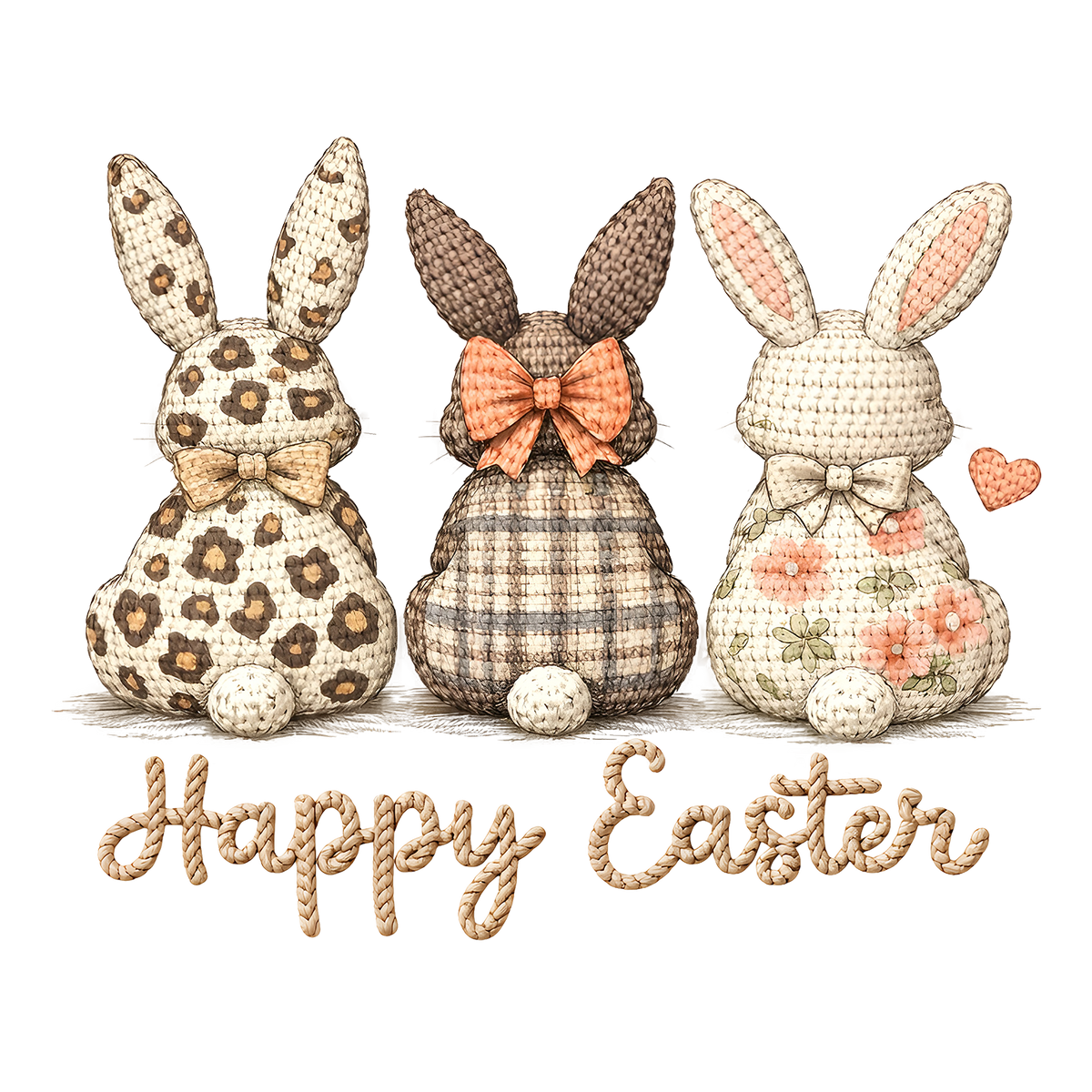 Crochet Bunny Trio with Bows Happy Easter – Easter Ready to Press DTF Transfer