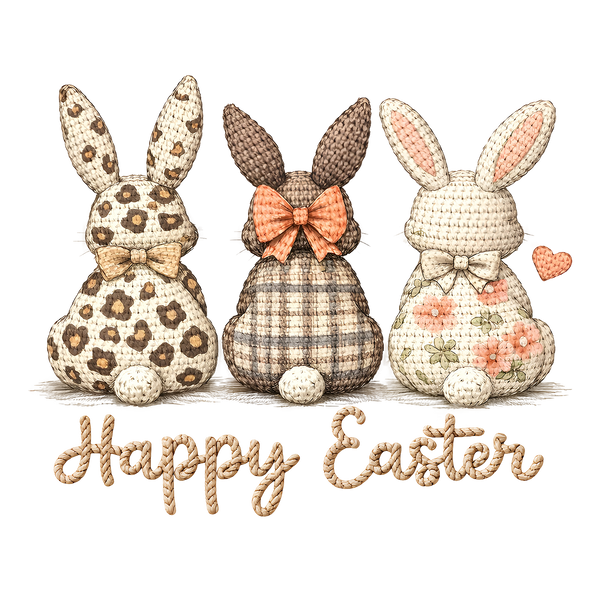 Crochet Bunny Trio with Bows Happy Easter – Easter Ready to Press DTF Transfer