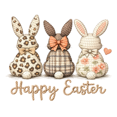 Crochet Bunny Trio with Bows Happy Easter – Easter Ready to Press DTF Transfer