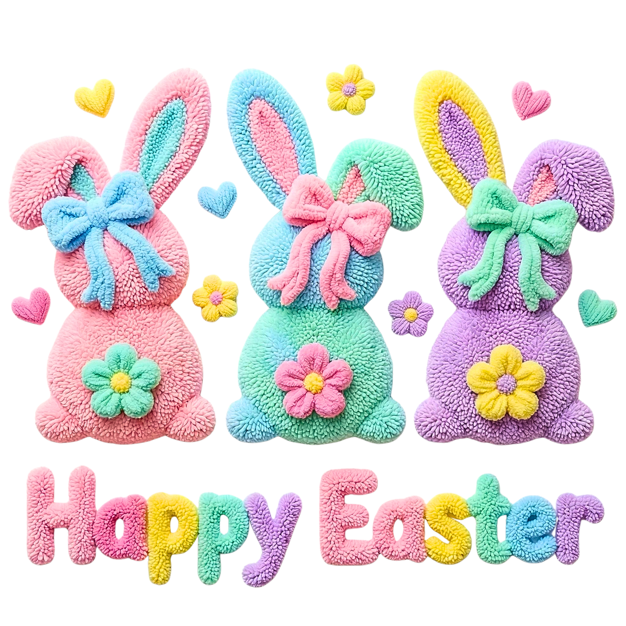 Plush Pastel Bunny Trio Happy Easter – Easter Ready to Press DTF Transfer