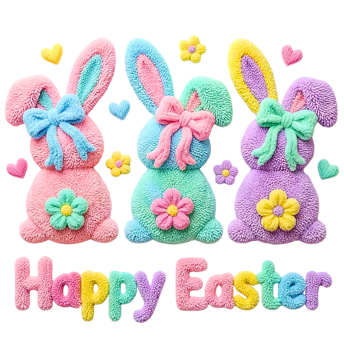 Plush Pastel Bunny Trio Happy Easter – Easter Ready to Press DTF Transfer