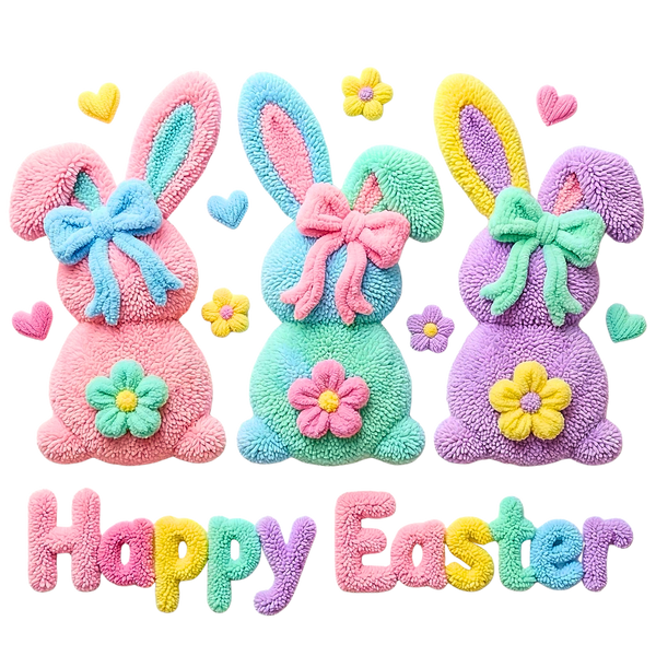 Plush Pastel Bunny Trio Happy Easter – Easter Ready to Press DTF Transfer
