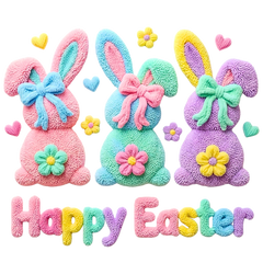 Plush Pastel Bunny Trio Happy Easter – Easter Ready to Press DTF Transfer