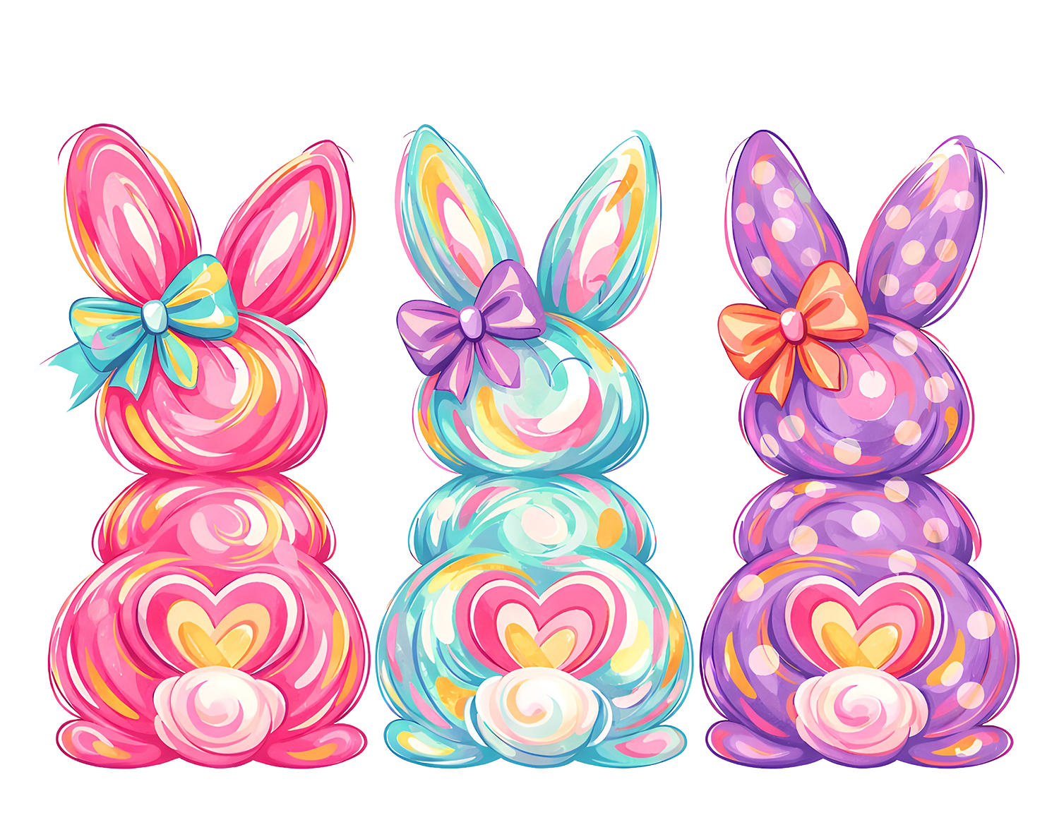 Colorful Painted Bunny Trio with Bows – Easter Ready to Press DTF Transfer