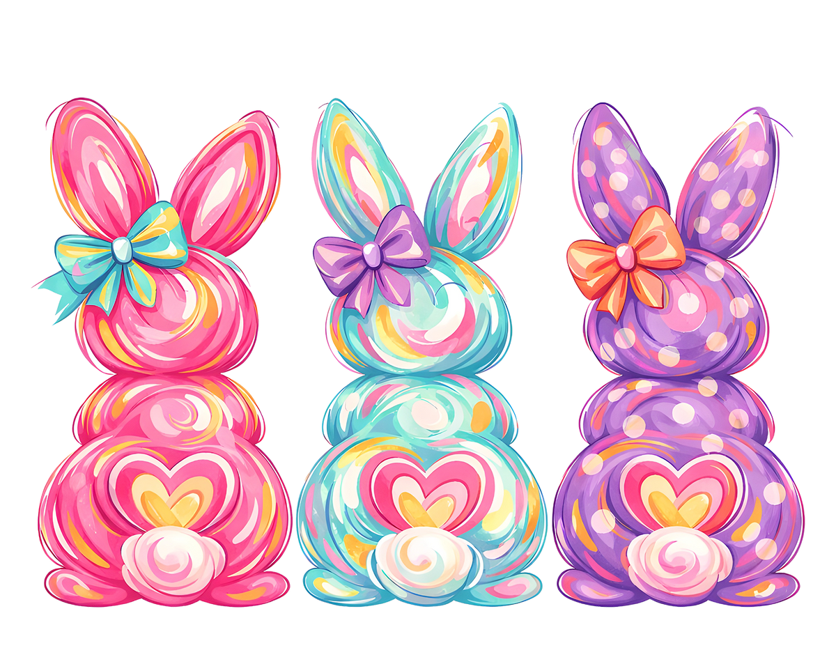 Colorful Painted Bunny Trio with Bows – Easter Ready to Press DTF Transfer