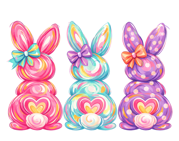 Colorful Painted Bunny Trio with Bows – Easter Ready to Press DTF Transfer