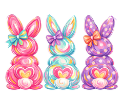 Colorful Painted Bunny Trio with Bows – Easter Ready to Press DTF Transfer