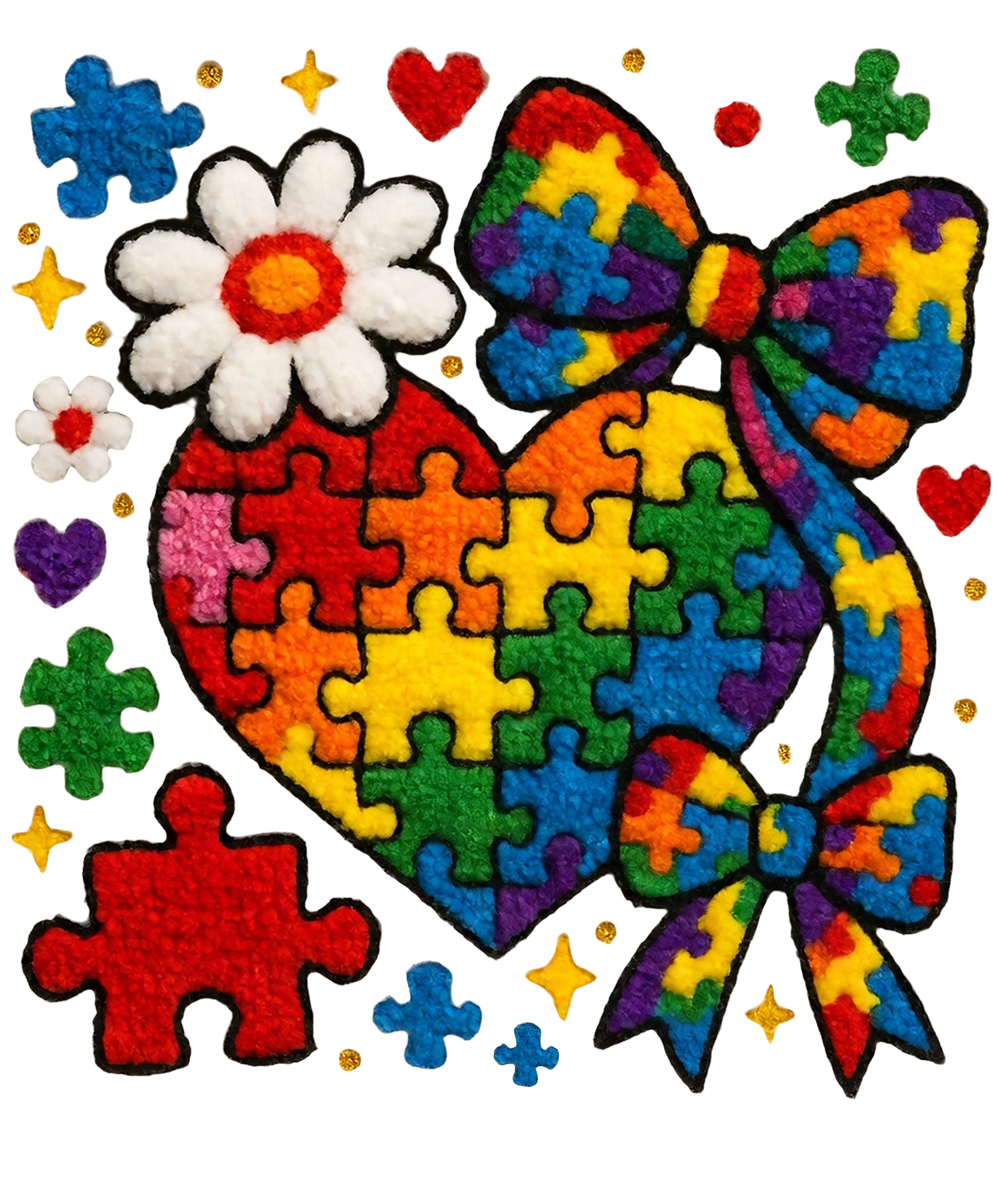 Autism Puzzle Heart Bow Chenille Style –  Health Awareness Ready to Press DTF Transfer