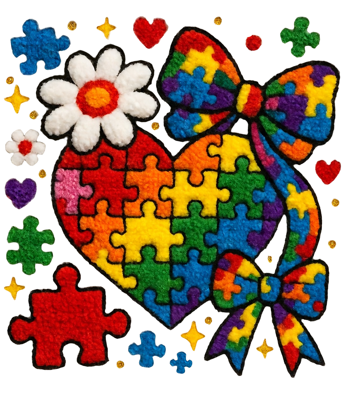 Autism Puzzle Heart Bow Chenille Style –  Health Awareness Ready to Press DTF Transfer