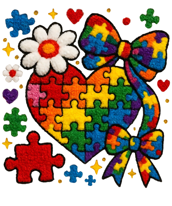 Autism Puzzle Heart Bow Chenille Style –  Health Awareness Ready to Press DTF Transfer