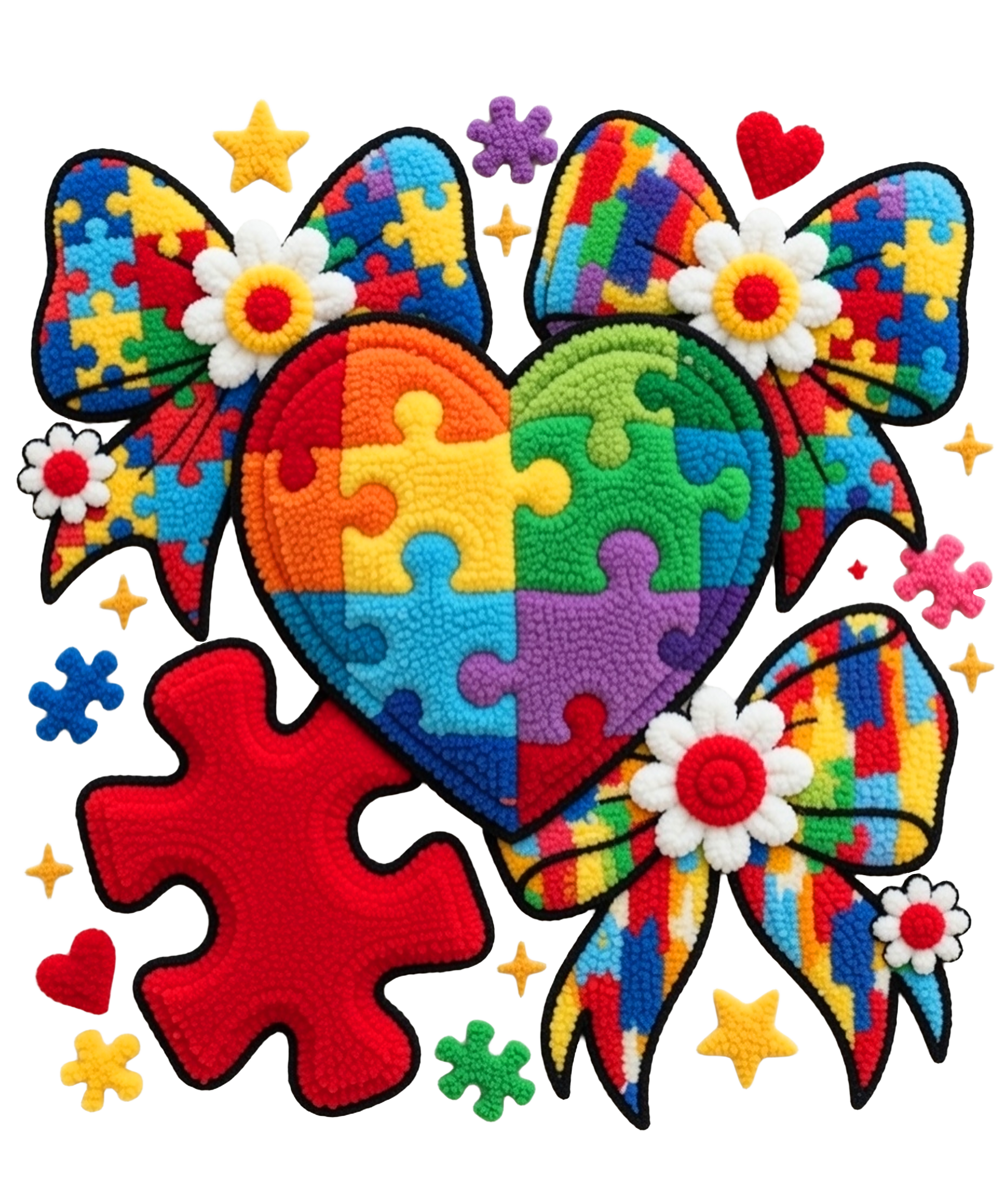 Autism Puzzle Heart with Bows Chenille Style – Health Awareness Ready to Press DTF Transfer