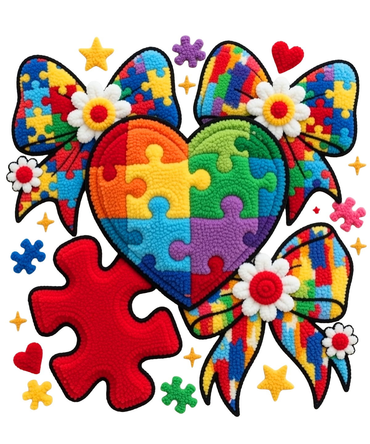 Autism Puzzle Heart with Bows Chenille Style – Health Awareness Ready to Press DTF Transfer