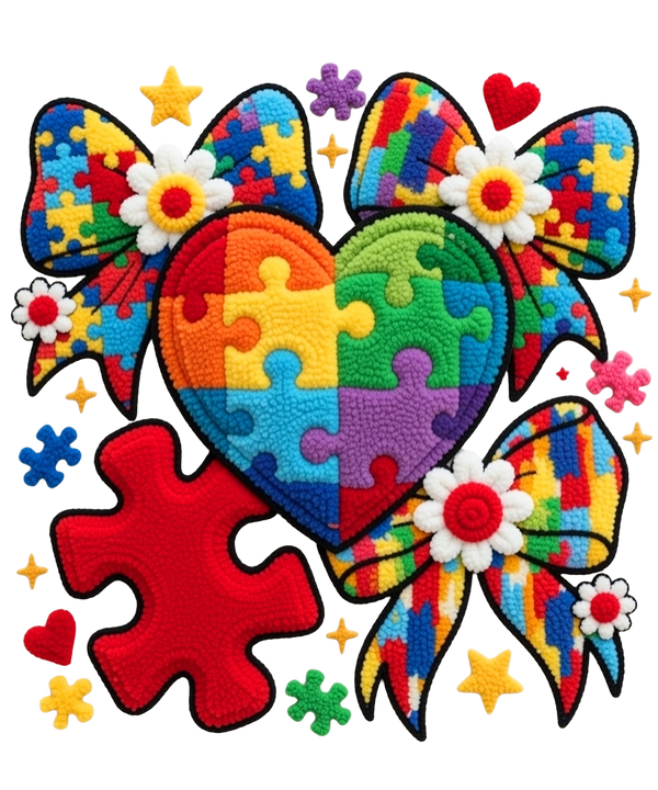 Autism Puzzle Heart with Bows Chenille Style – Health Awareness Ready to Press DTF Transfer