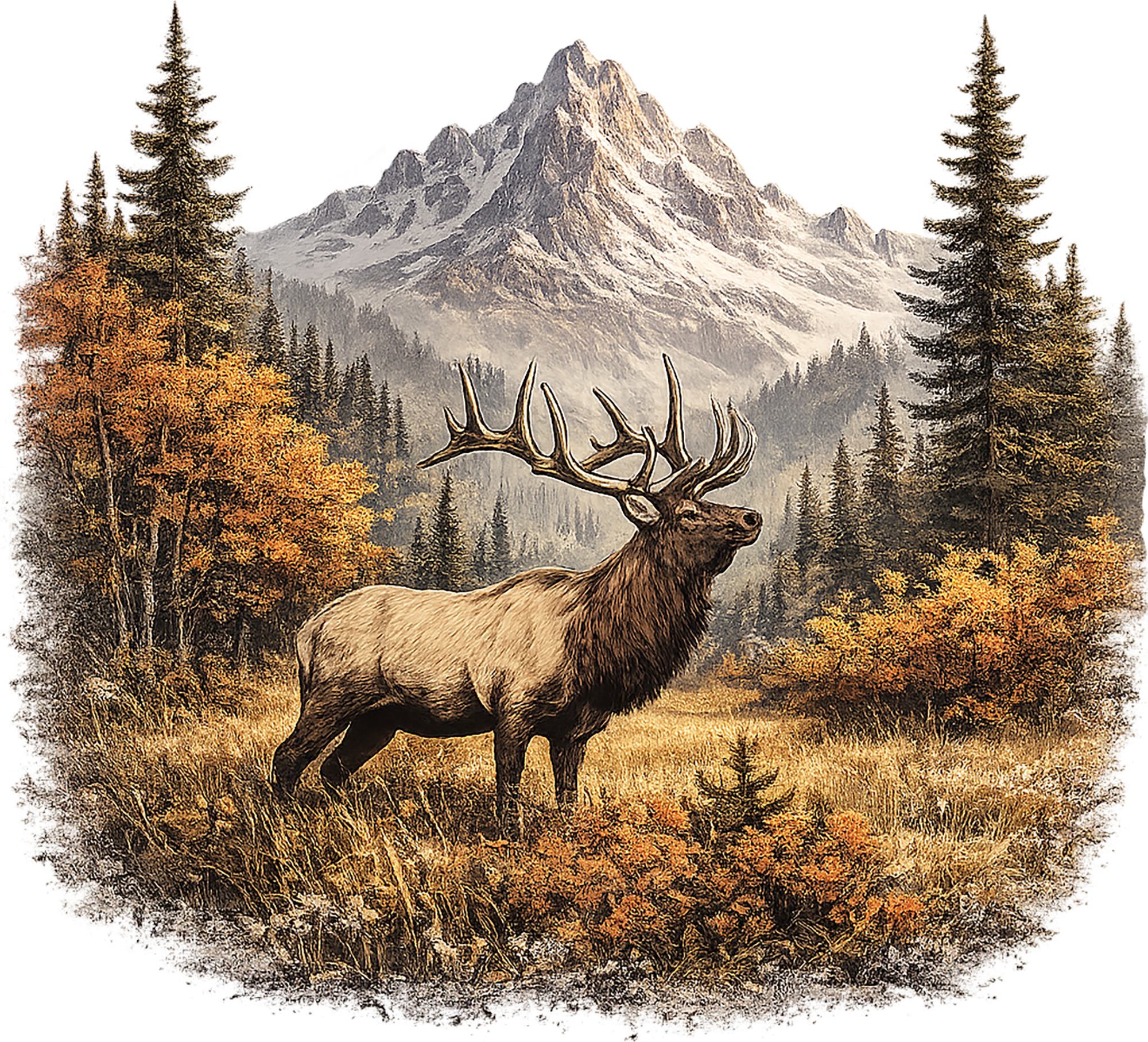 Majestic Elk Mountain Landscape – Animals Ready to Press DTF Transfer