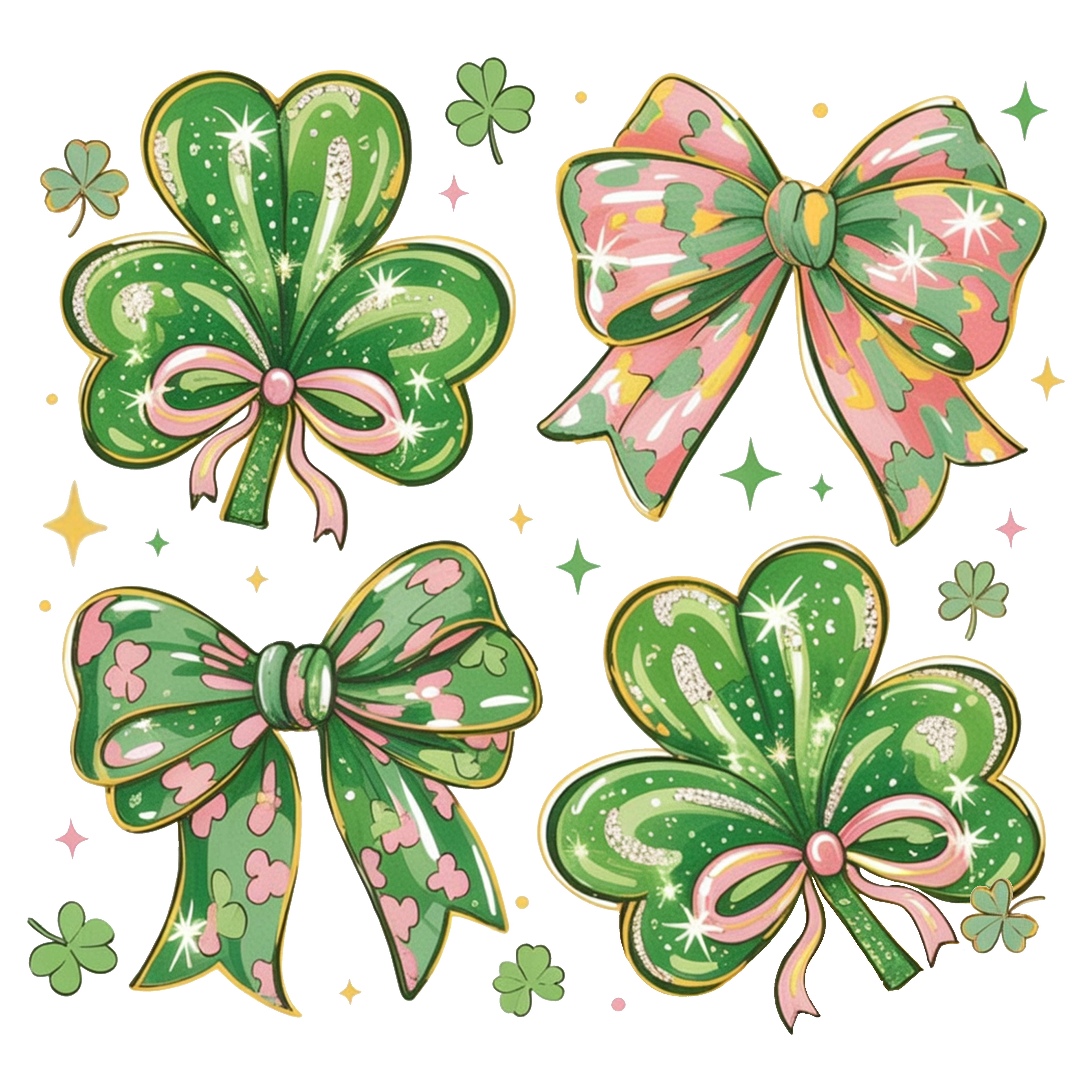 Lucky Clover and Bow Set - St Patricks Day Ready to Press DTF Transfer