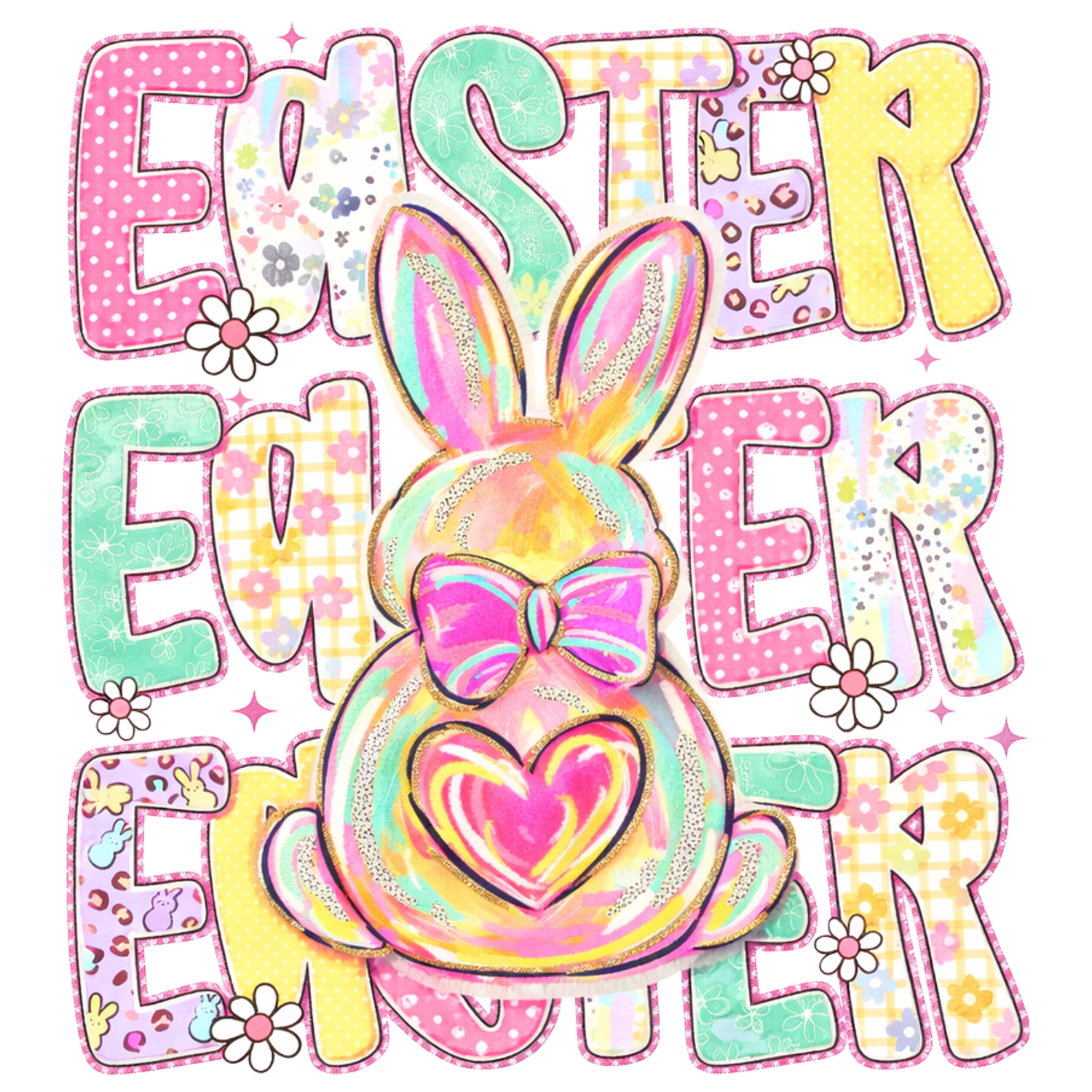 Colorful Patchwork Easter Bunny Heart Design - Easter Ready to Press DTF Transfer