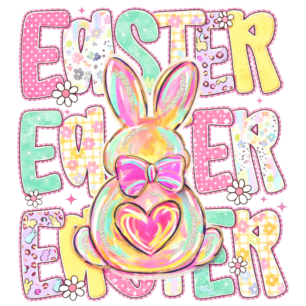 Colorful Patchwork Easter Bunny Heart Design - Easter Ready to Press DTF Transfer