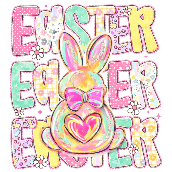 Colorful Patchwork Easter Bunny Heart Design - Easter Ready to Press DTF Transfer