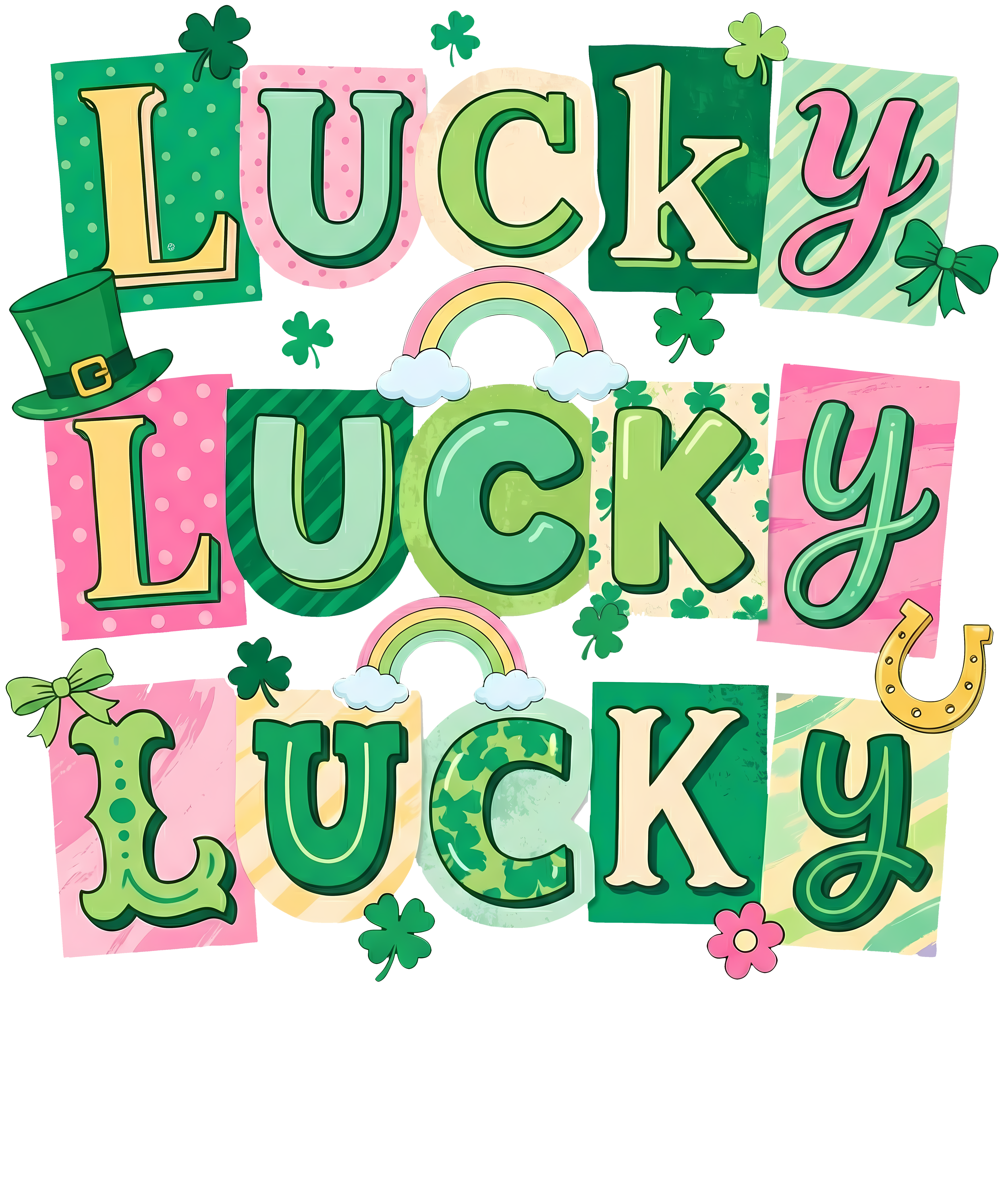 Lucky Lucky Lucky Rainbow & Shamrock Graphic – St. Patrick’s Day Ready to Press DTF Transfer