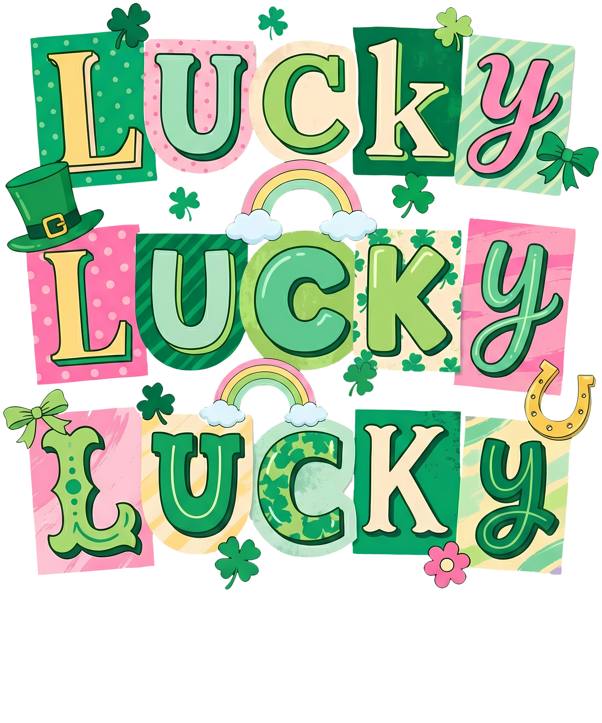 Lucky Lucky Lucky Rainbow & Shamrock Graphic – St. Patrick’s Day Ready to Press DTF Transfer