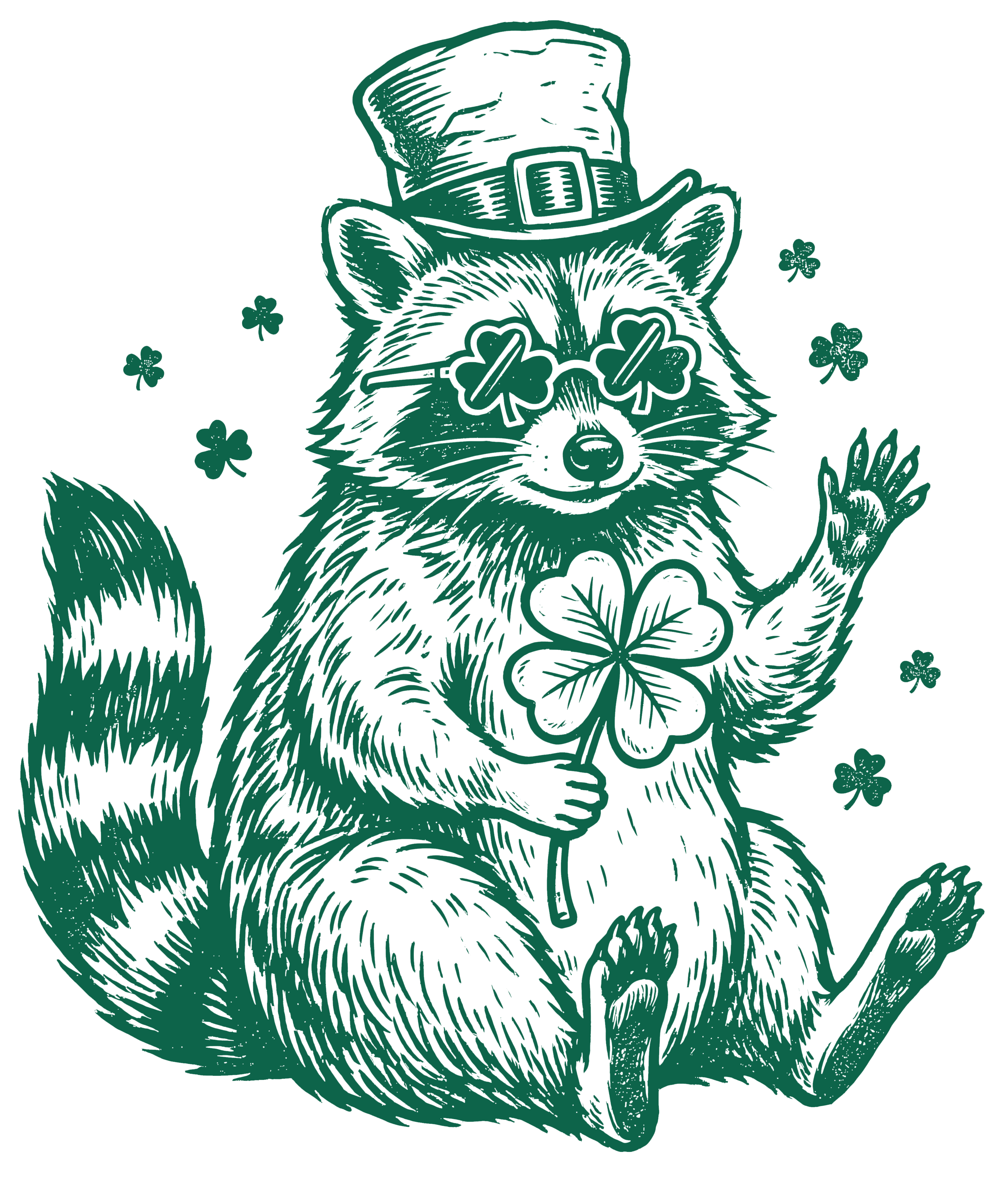Lucky Raccoon with Shamrock Glasses Graphic – St. Patrick’s Day Ready to Press DTF Transfer
