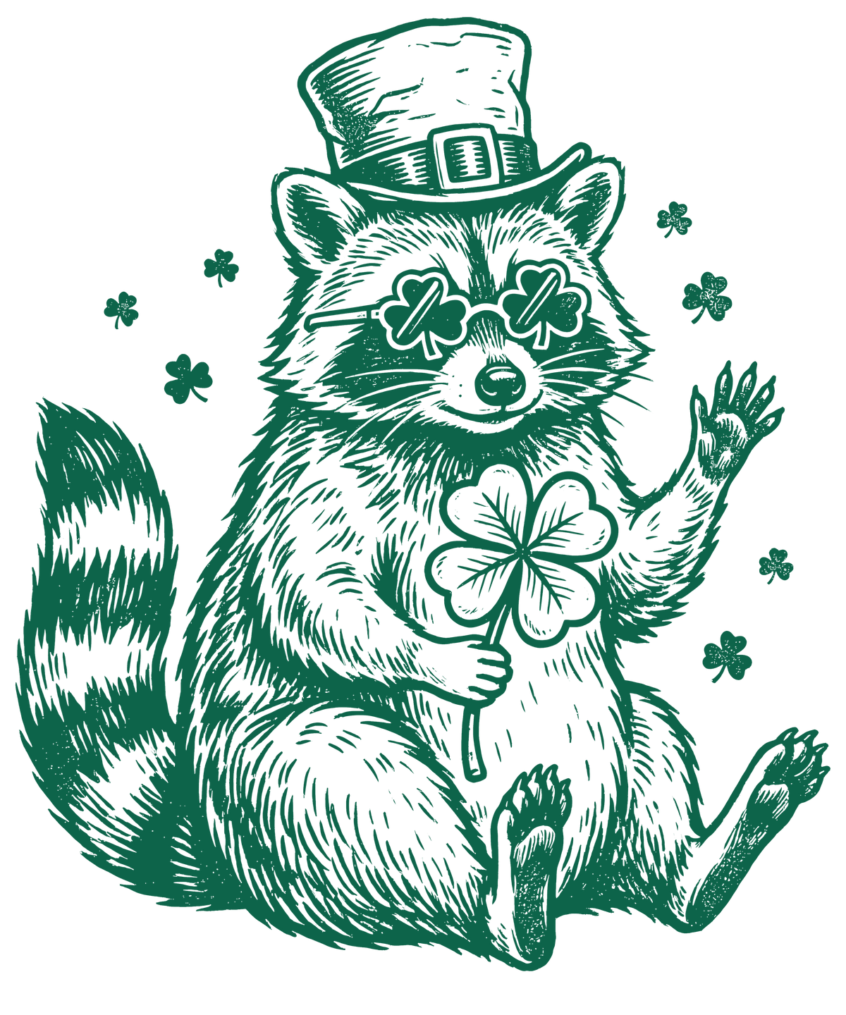 Lucky Raccoon with Shamrock Glasses Graphic – St. Patrick’s Day Ready to Press DTF Transfer