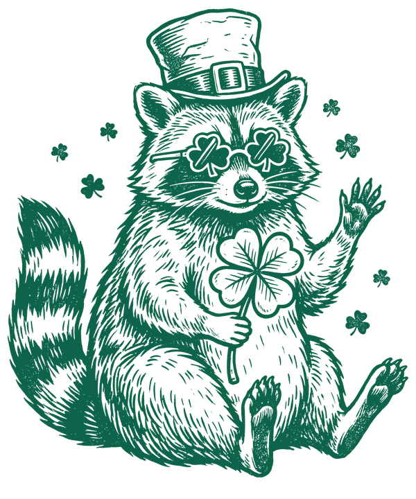 Lucky Raccoon with Shamrock Glasses Graphic – St. Patrick’s Day Ready to Press DTF Transfer