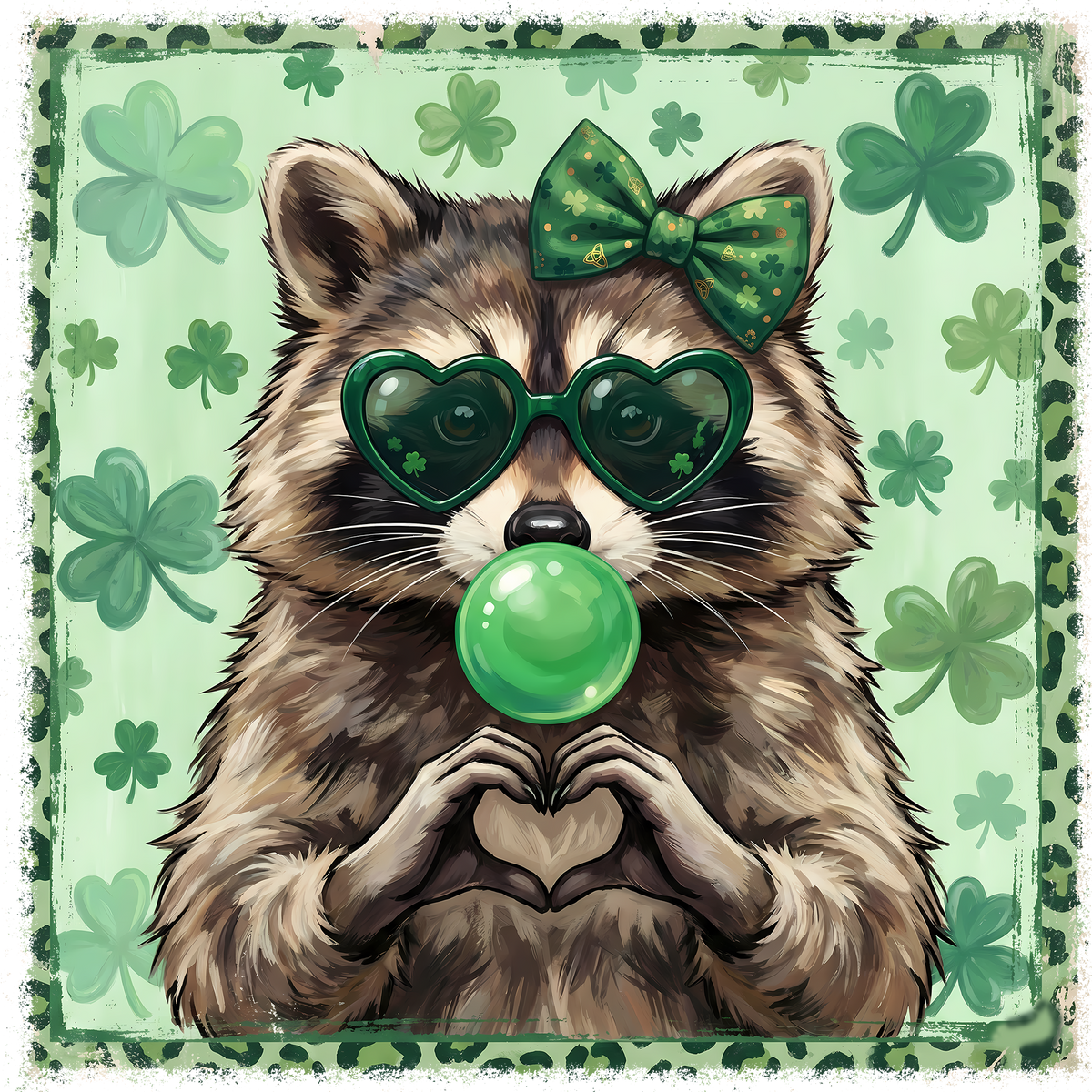 Cute Lucky Raccoon with Heart Glasses Graphic – St. Patrick’s Day Ready to Press DTF Transfer