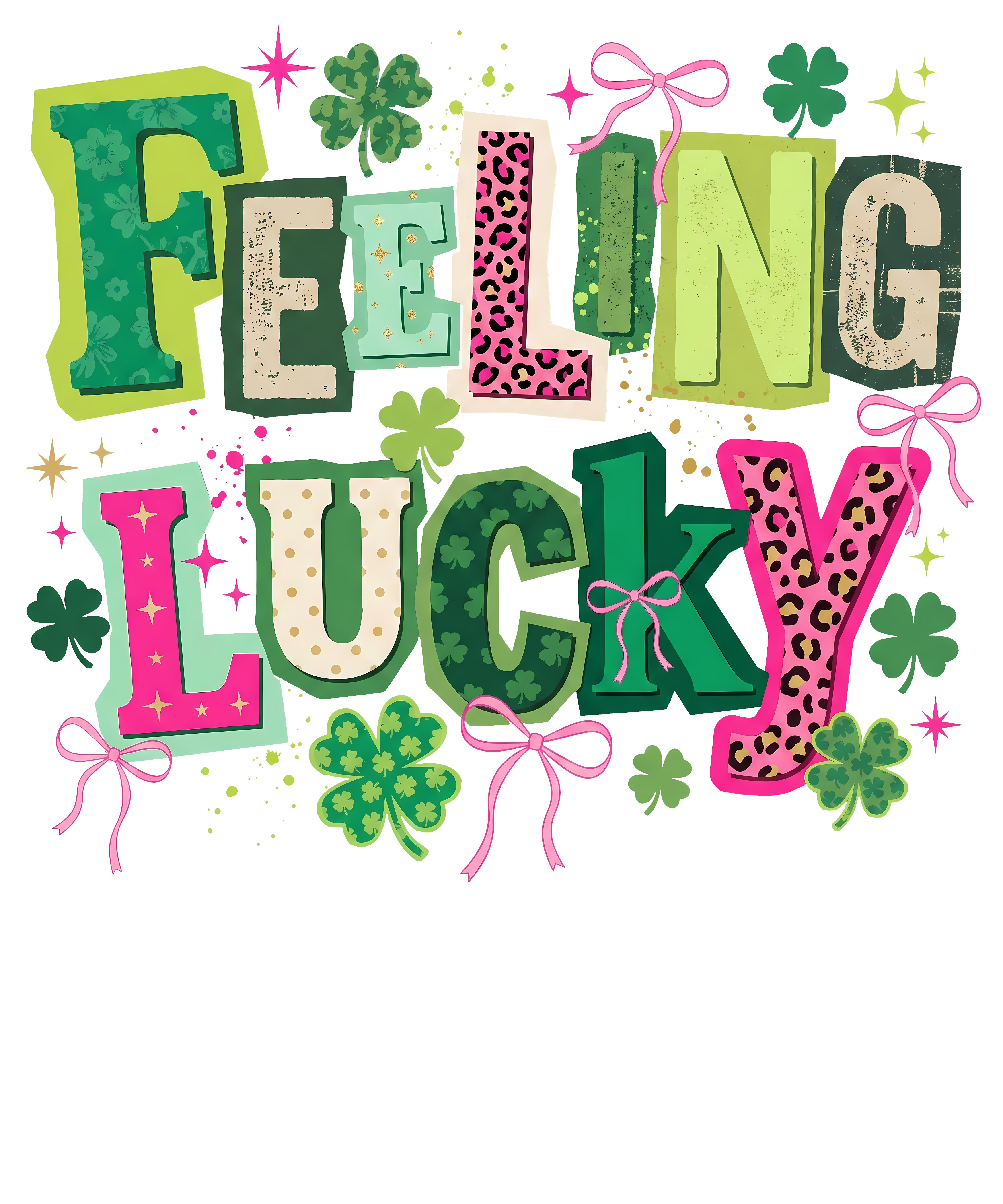 Girly Pink Bow Feeling Lucky Graphic – St. Patrick’s Day Ready to Press DTF Transfer