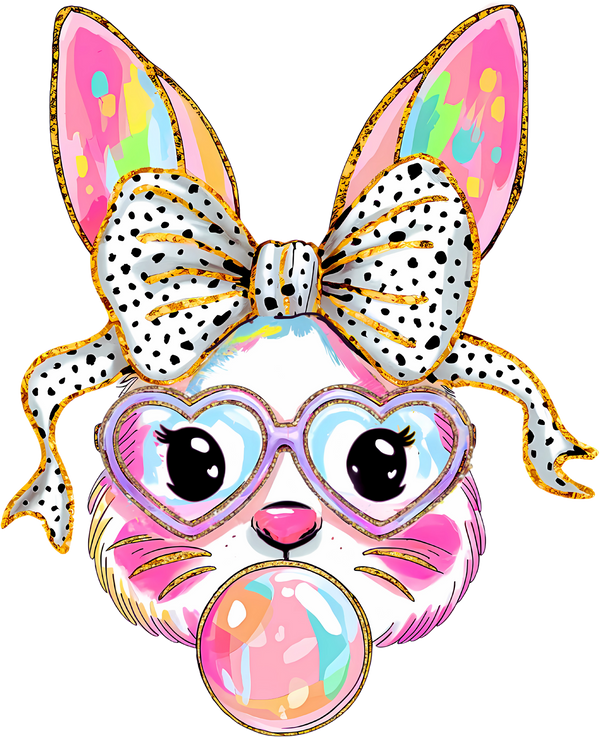 Iridescent Bunny with Heart Glasses & Bubblegum – Easter Ready to Press DTF Transfer