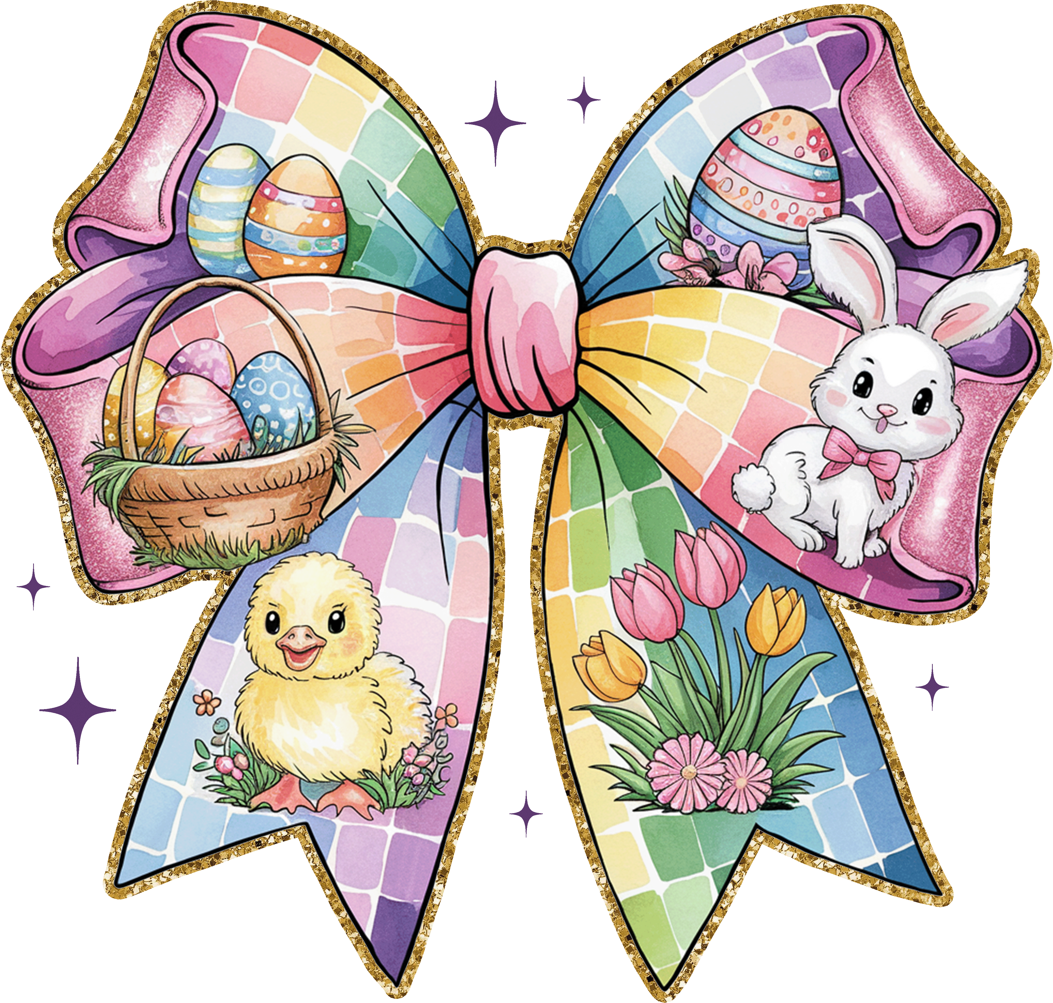 Colorful Coquette Easter Bow with Bunny & Chick – Easter Ready to Press DTF Transfer