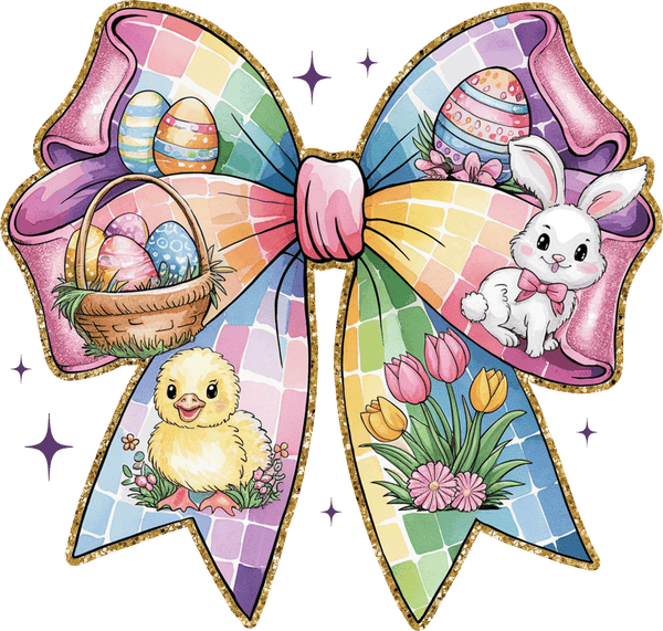 Colorful Coquette Easter Bow with Bunny & Chick – Easter Ready to Press DTF Transfer