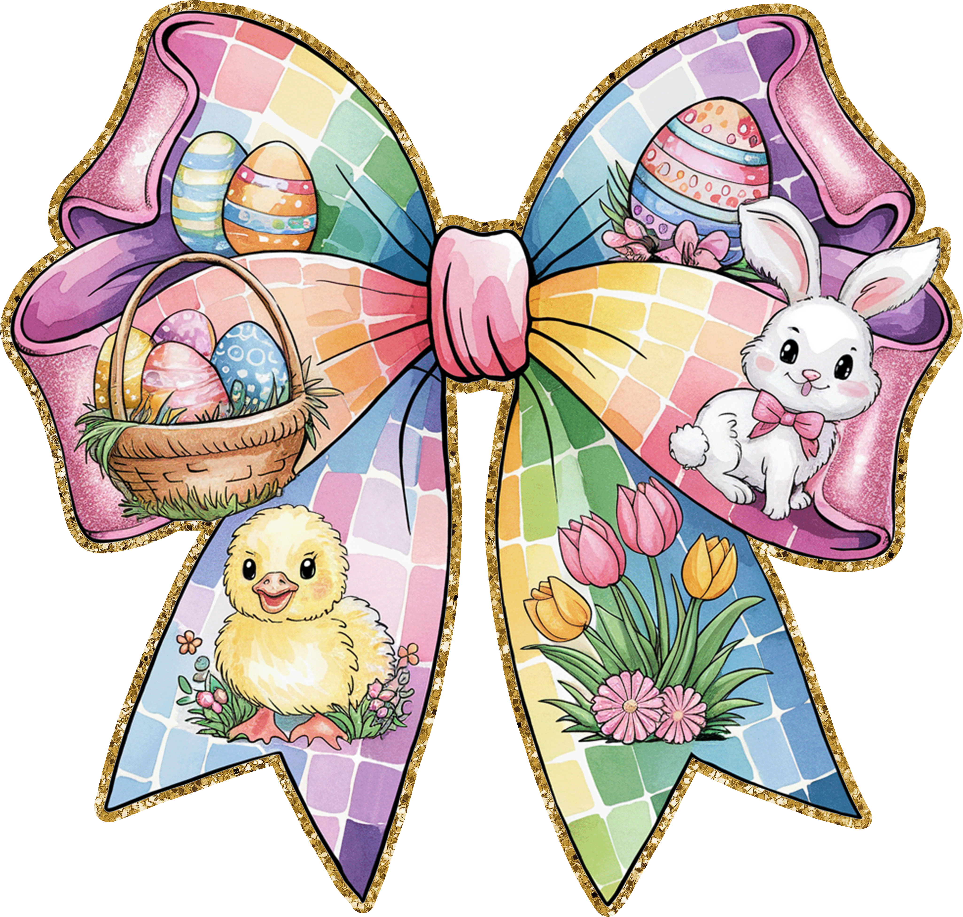 Colorful Coquette Easter Bow with Bunny & Chick – Easter Ready to Press DTF Transfer