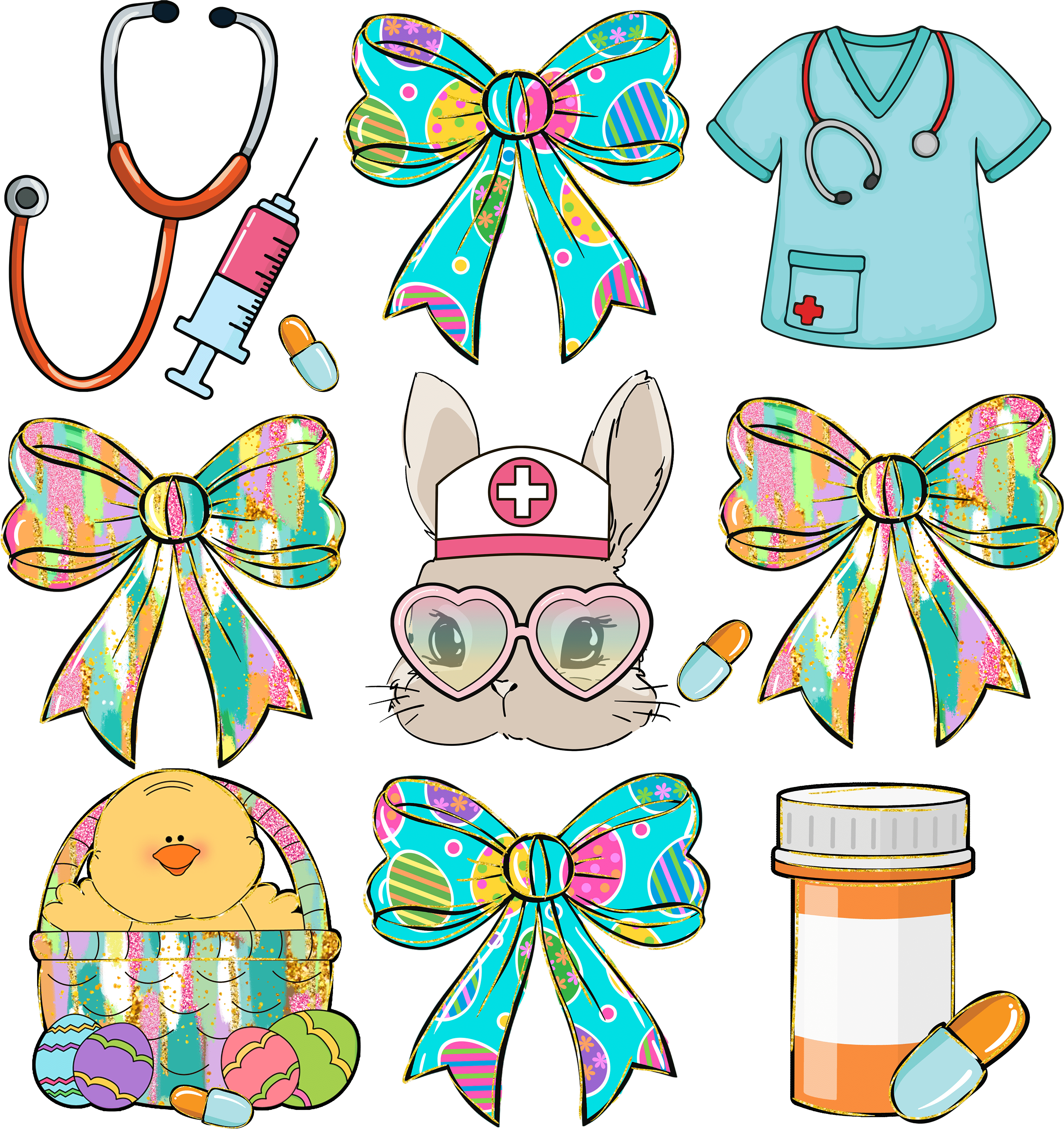 Coquette Nurse Easter Bunny & Elements Bundle – Easter Ready to Press DTF Transfer