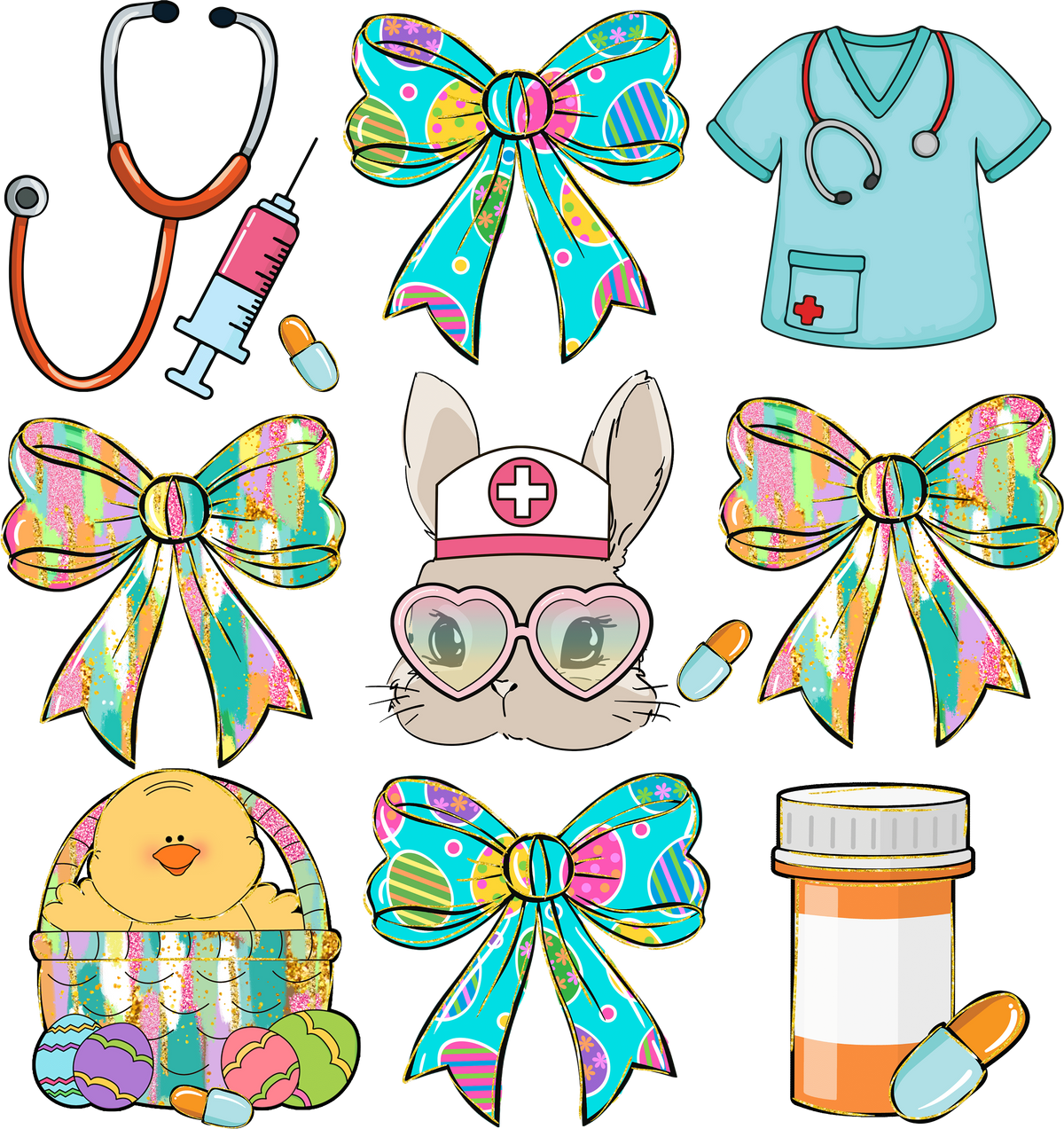 Coquette Nurse Easter Bunny & Elements Bundle – Easter Ready to Press DTF Transfer