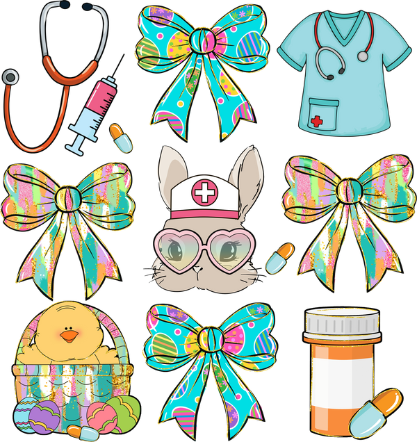 Coquette Nurse Easter Bunny & Elements Bundle – Easter Ready to Press DTF Transfer