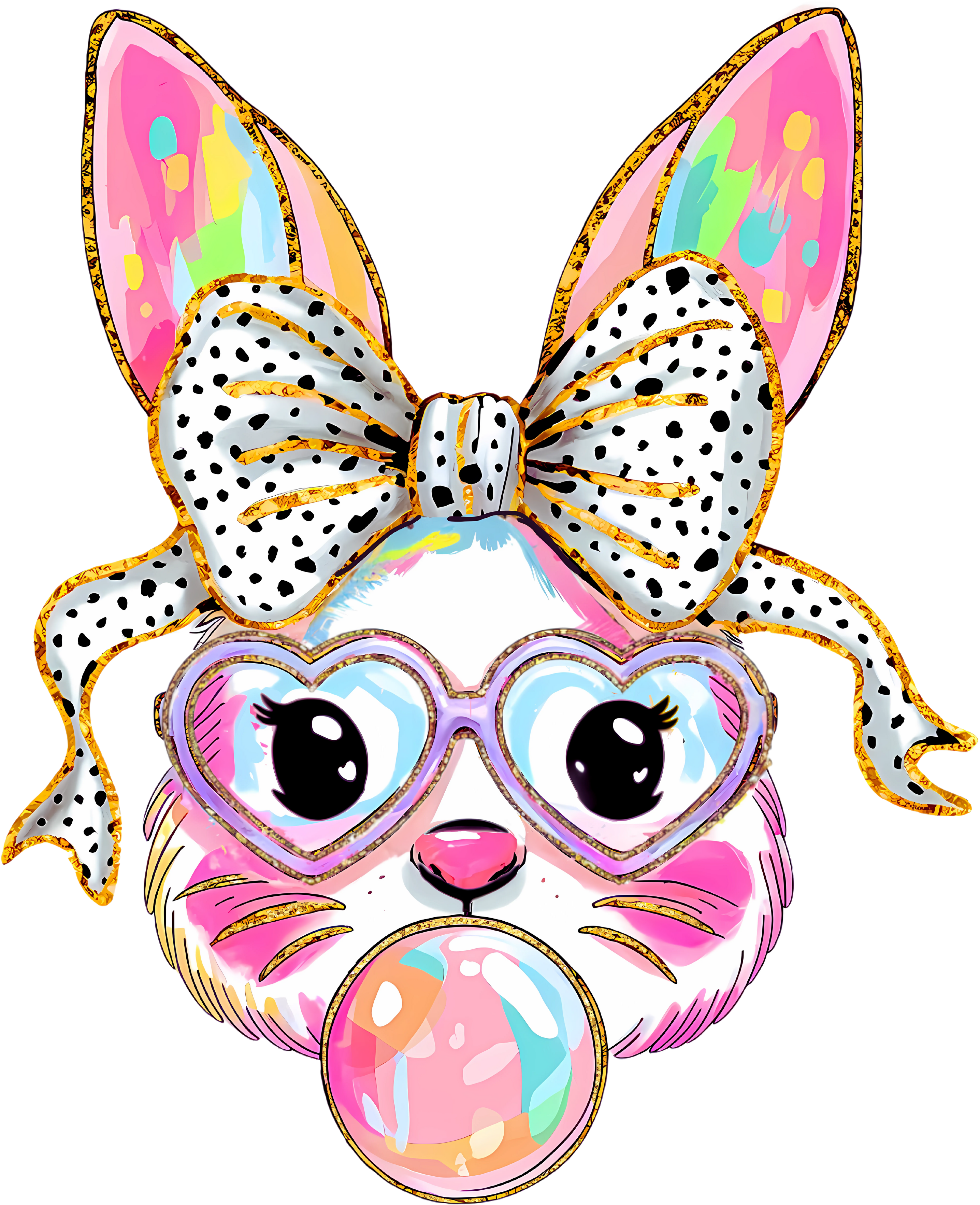 Iridescent Bunny with Heart Glasses & Bubblegum – Easter Ready to Press DTF Transfer