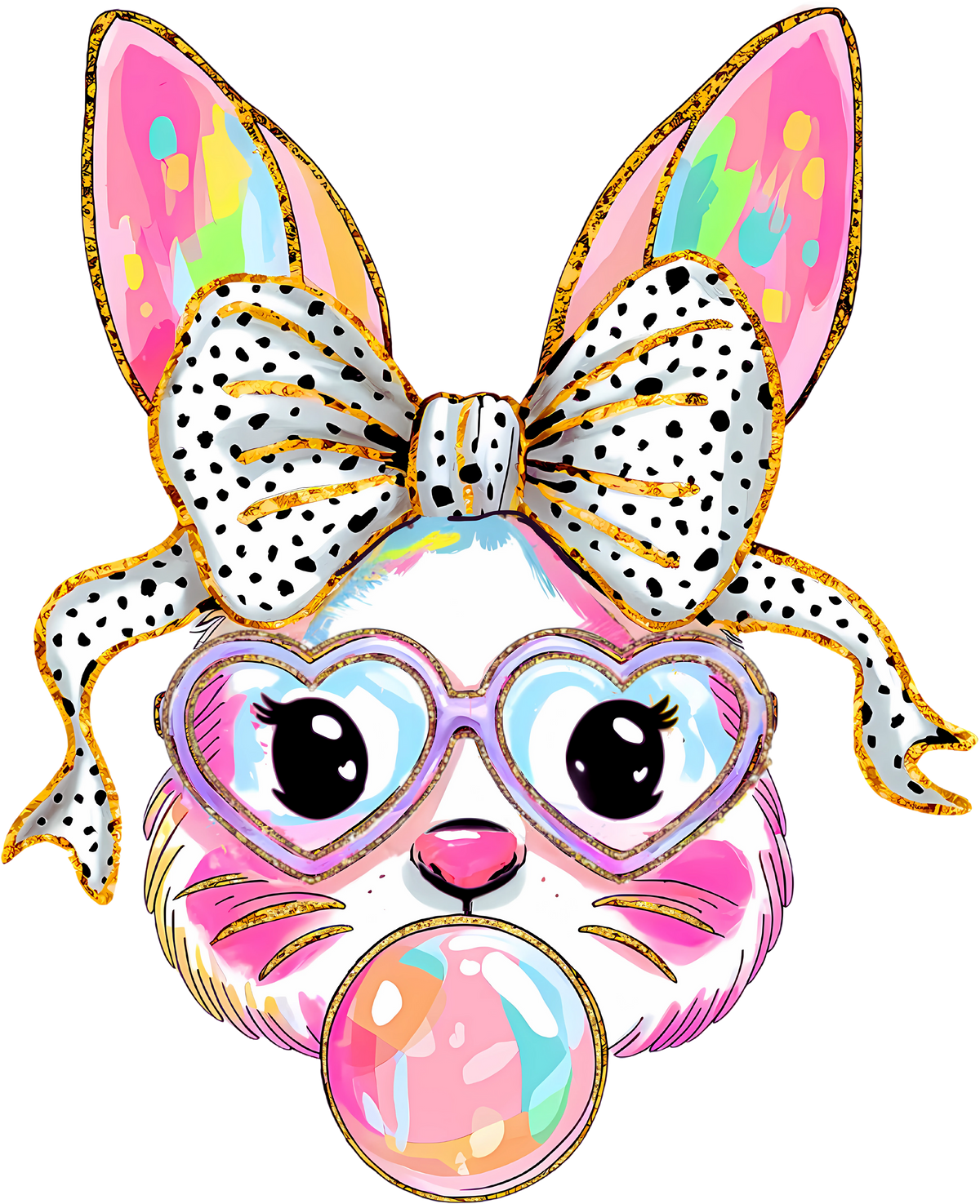 Iridescent Bunny with Heart Glasses & Bubblegum – Easter Ready to Press DTF Transfer