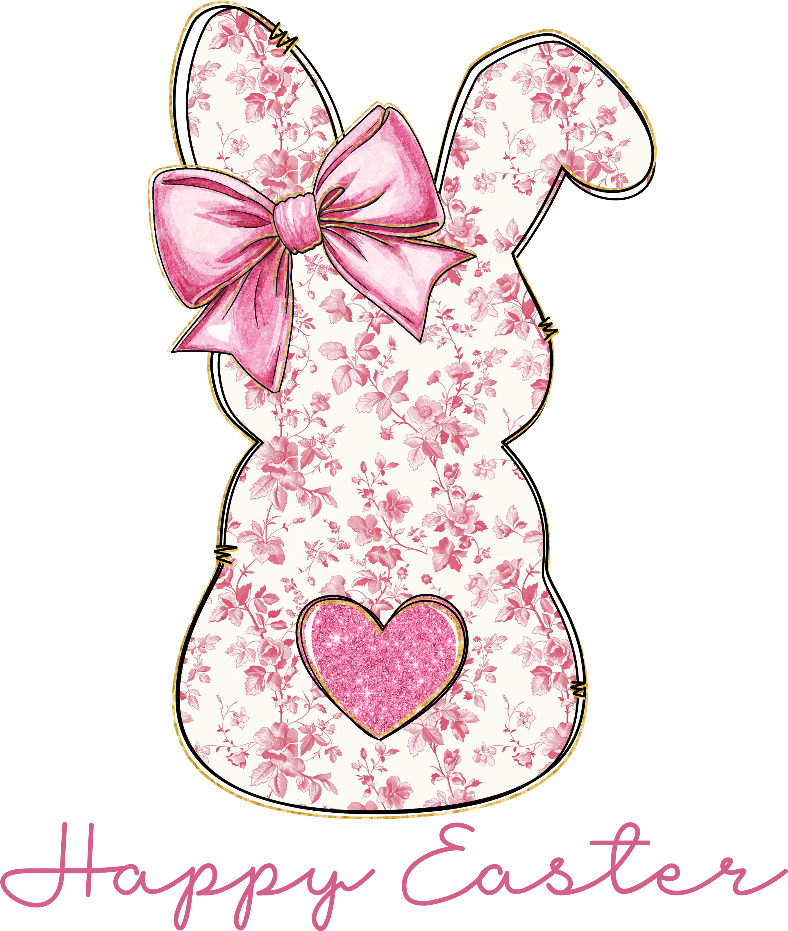 Pink Floral Bunny Silhouette with Glitter Heart Happy Easter – Easter Ready to Press DTF Transfer