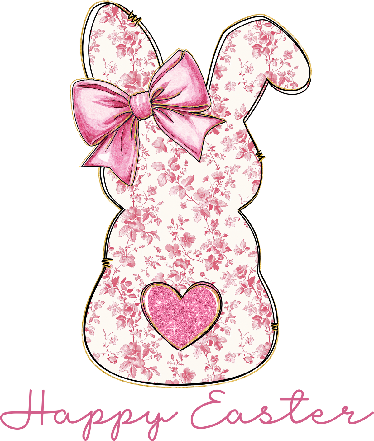 Pink Floral Bunny Silhouette with Glitter Heart Happy Easter – Easter Ready to Press DTF Transfer