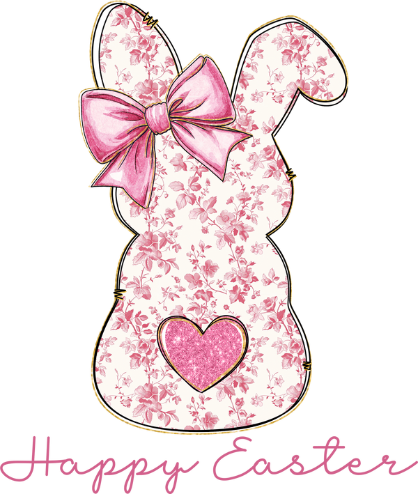 Pink Floral Bunny Silhouette with Glitter Heart Happy Easter – Easter Ready to Press DTF Transfer