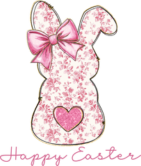 Pink Floral Bunny Silhouette with Glitter Heart Happy Easter – Easter Ready to Press DTF Transfer